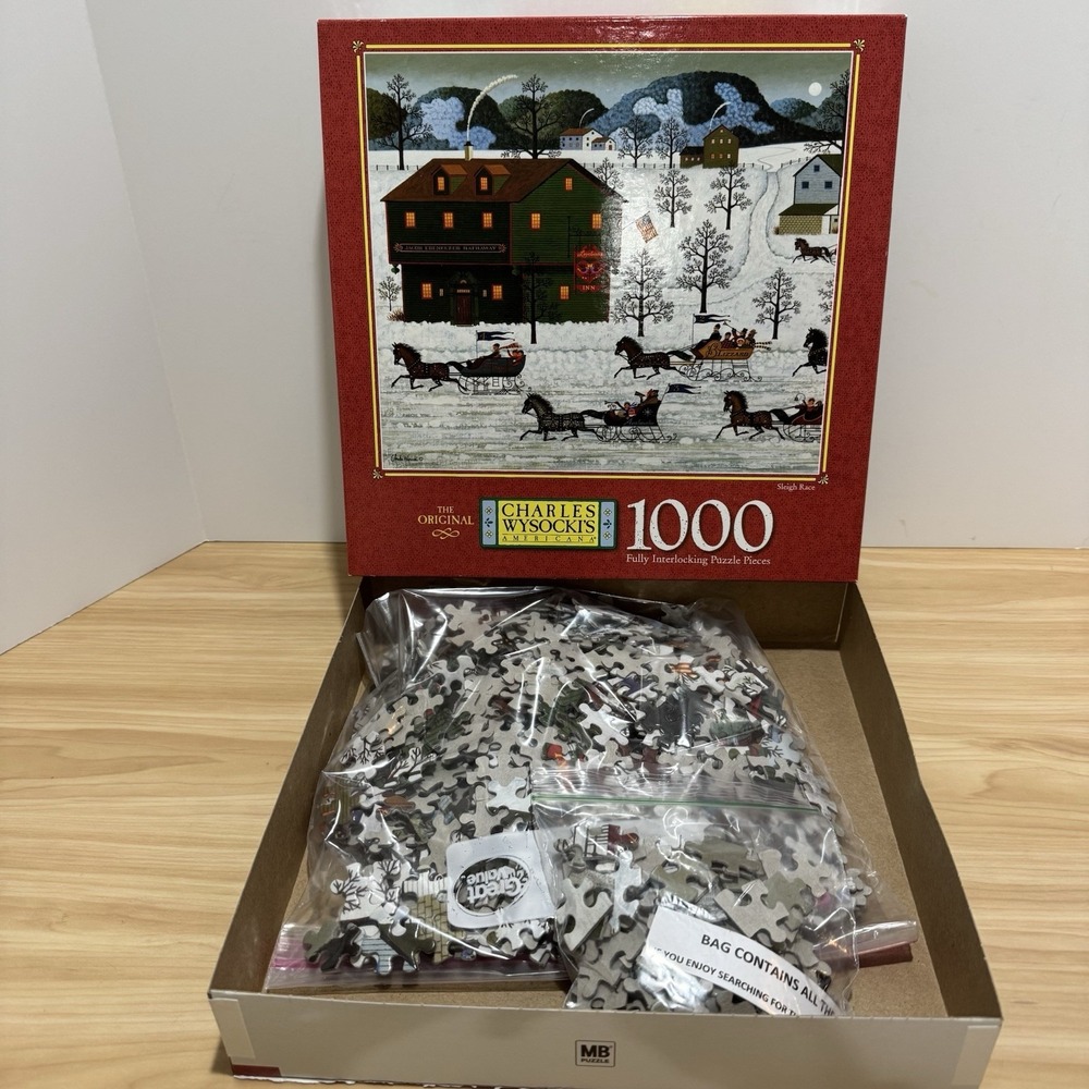 VTG Charles Wysocki 1000 Piece Puzzle SLEIGH RACE Americana Hasbro MB Complete - Picture 5 of 13